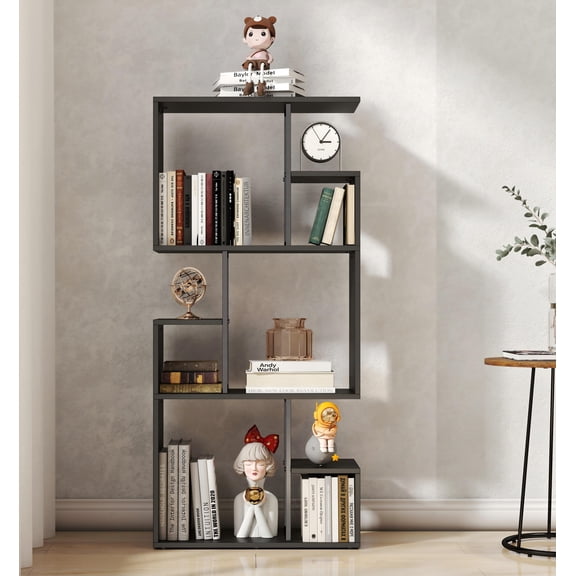 Manxile Geometric Bookcase Wooden Wood S Shape Storage Display Unit Bookcase Bookshelf 3-tier Storage, 51.57" H x 23.62" W, Black Brown