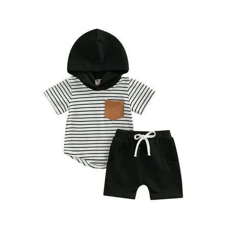 

Calsunbaby Kids Toddler Boys Summer Outfits Striped Short Sleeve Hoodie Tops with Pockets + Stretch Shorts Sets Striped 12-18 Months