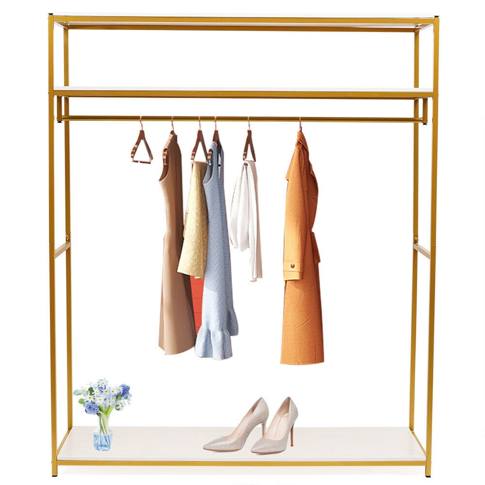 Oukaning Gold Metal Garment Rack Clothes Rack with Shelves Display