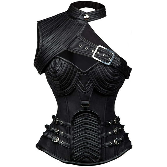 VASLANDA Women's Punk Rock Faux Leather Steampunk Overbust Vest Gothic Heavy Strong Steel Boned Corset with Zipper