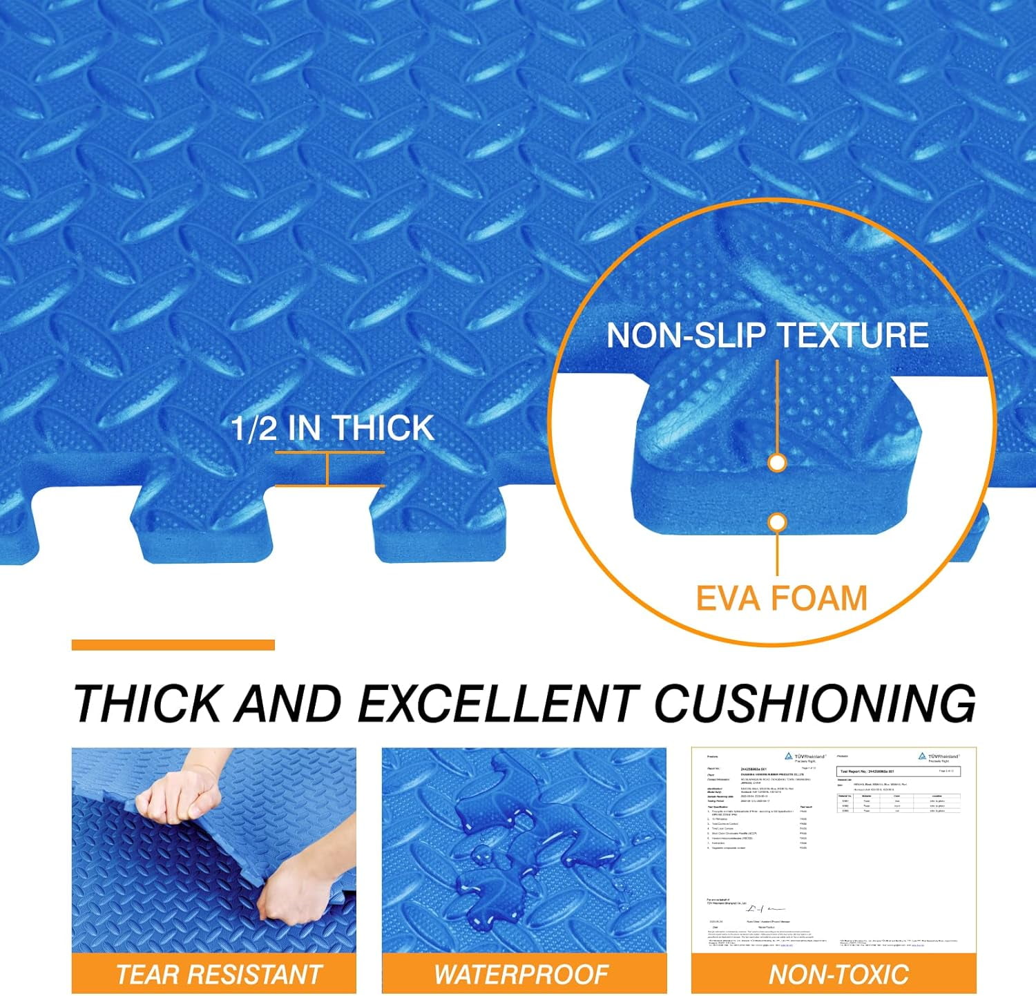 FIXTECH Puzzle Exercise Mat, EVA Interlocking Foam Floor Tiles For Home Gym, Mat For Home Workout Equipment, Floor Padding For Kids, Blue, 24 In X 24 In X ½ In, 24 Sq Ft - 6 Tiles