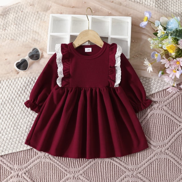 Toddler Girls Dress Winter Long Sleeve Ruffles Ribbed Lace Solid Color Dress Christmas Girls Dresses Size 6 Long Sleeve Girls Dresses Size 10-12 Fall Winter Christmas Girls Dresses 5T-6T Girls Dresses