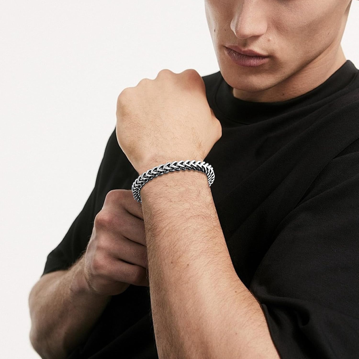 SanThree Solid Pure Titanium Link Bracelets for Men 7mm Welded Square Keel Skin Friendly Shinny Four Side Twist Bracelet Valentines Birthday Boyfriend Grandpa Father Gifts 9.05”