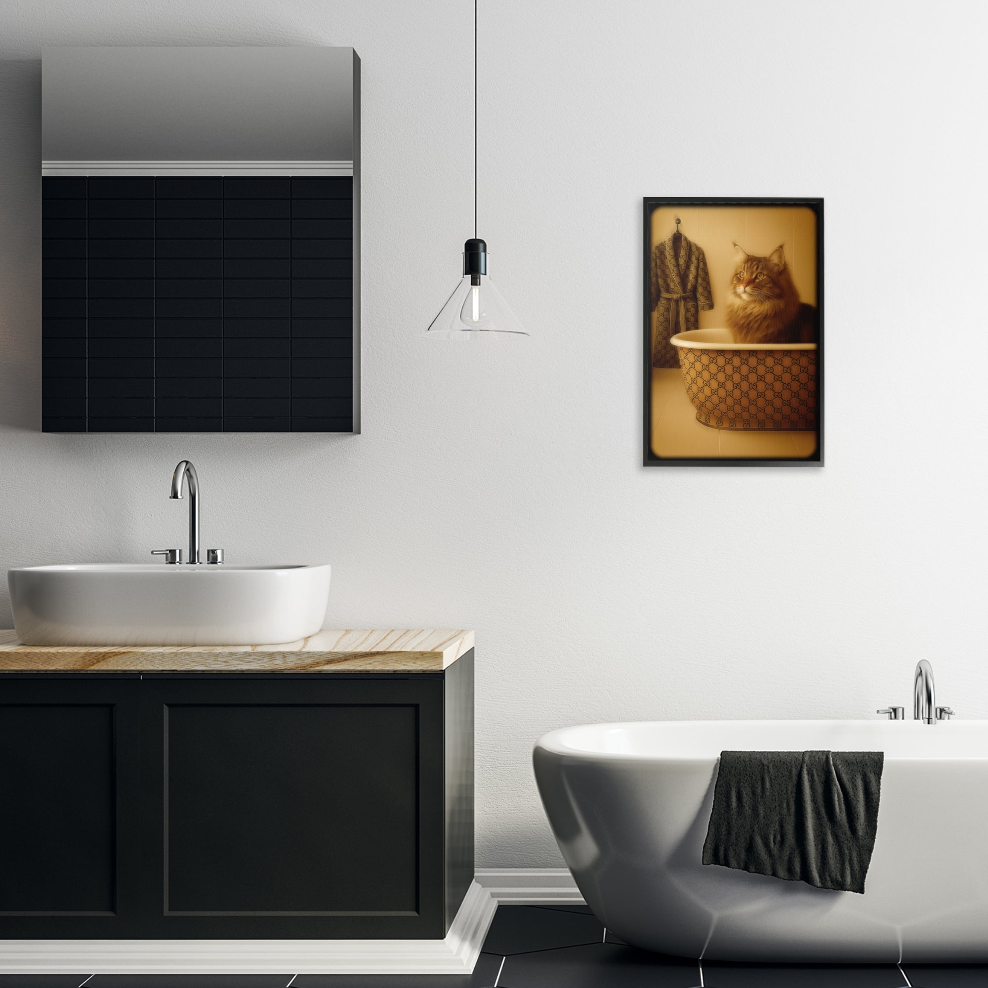 Stupell Industries Couture Main Coon in Luxury Tub Black Framed Giclee Art, design by Grotto Studios