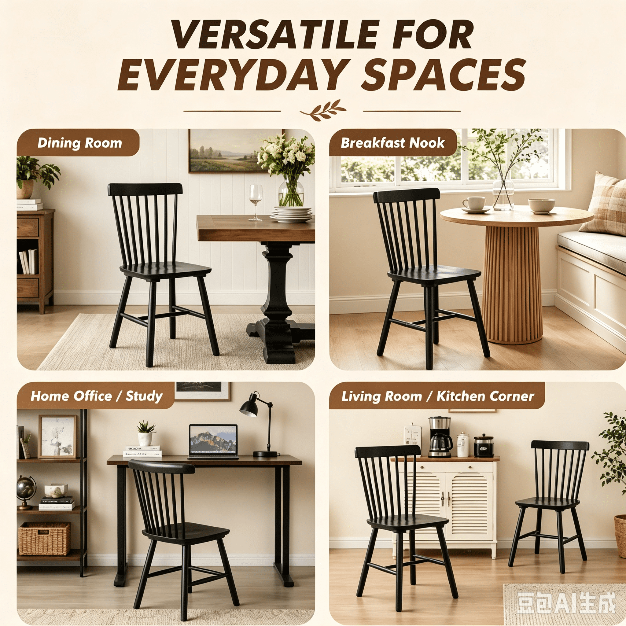 BSHTI Solid Wood Dining Chairs, Set of 4, Spindle Back Kitchen Chairs with H-Style Legs, Classic Farmhouse Dining Room Chairs, Black
