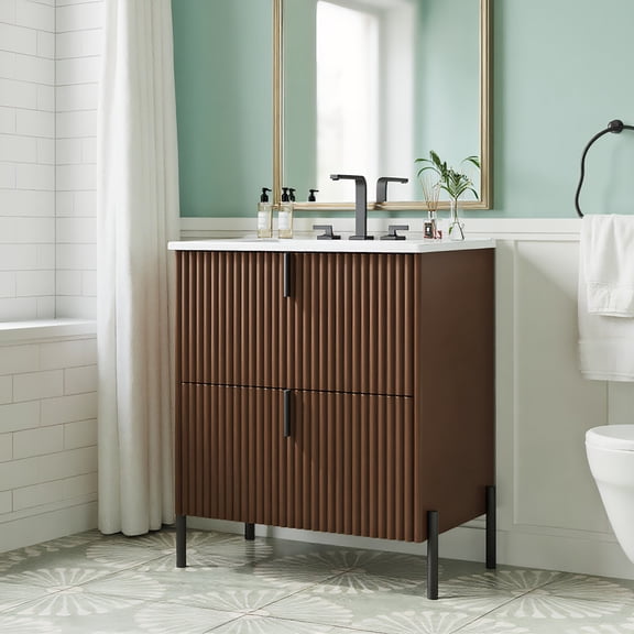 Resenkos 30" Freestanding Bathroom Vanity with Ceramic Sink, Vertical Pulls, Full-Extension Drawers, Soft Close Slides, Fluted Design - Brown
