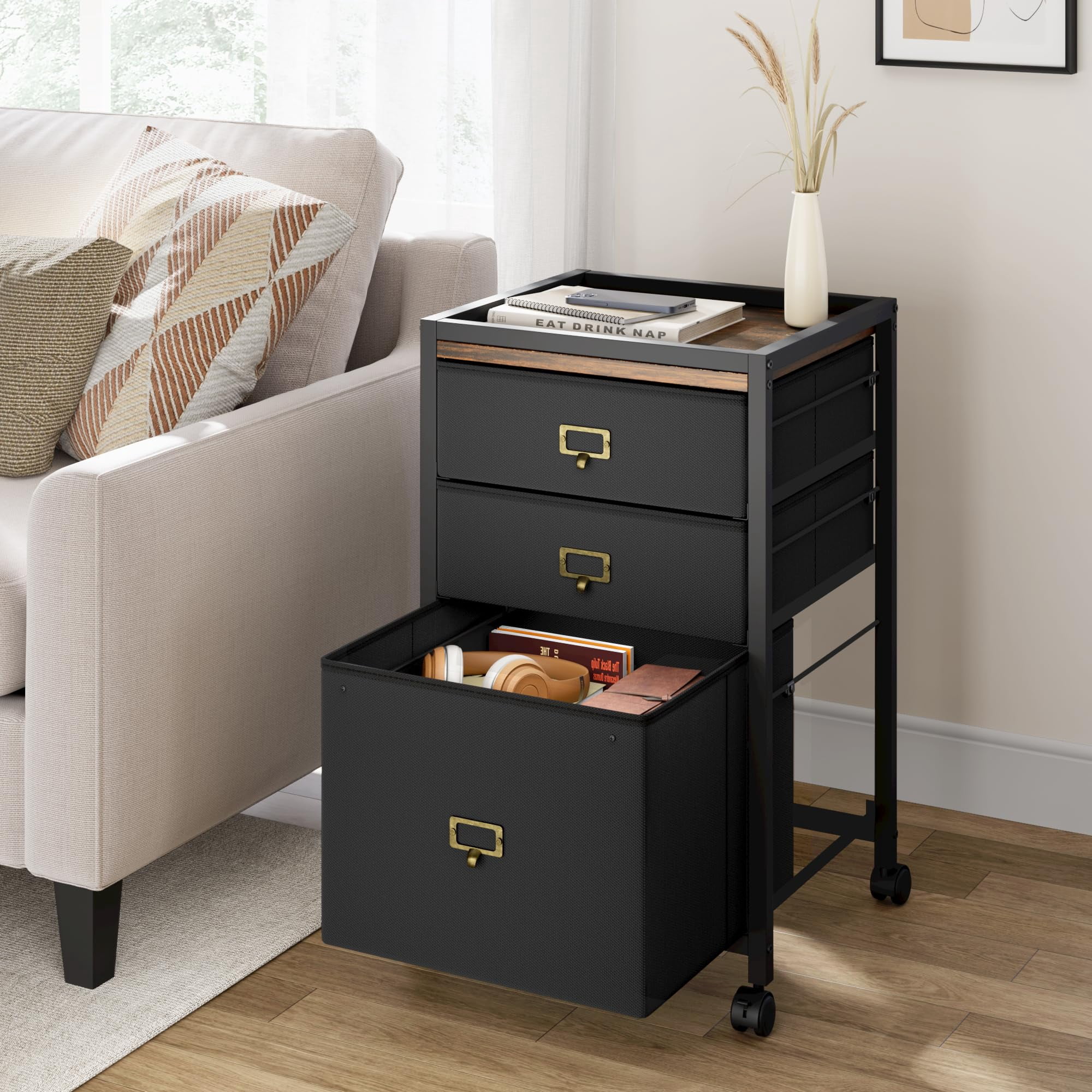 TEQIN 2-4 Drawer File Cabinet with Wheels,Metal Mobile Filing Cabinets with Fabric Drawers,Vertical Filing Cabinet With Lock for Home Office,Heavy Duty Storage Cabinet for A4/Letter/Legal Size File