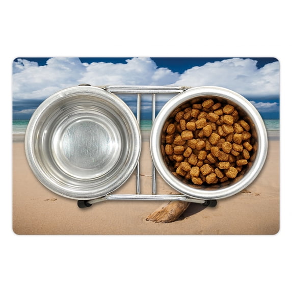 Driftwood Pet Mat for Food and Water, Sea Theme Driftwood on the Sandy Beach and Cloudy Sky Digital Style Print, Non-Slip Rubber Mat for Dogs and Cats, 18" X 12", by Ambesonne
