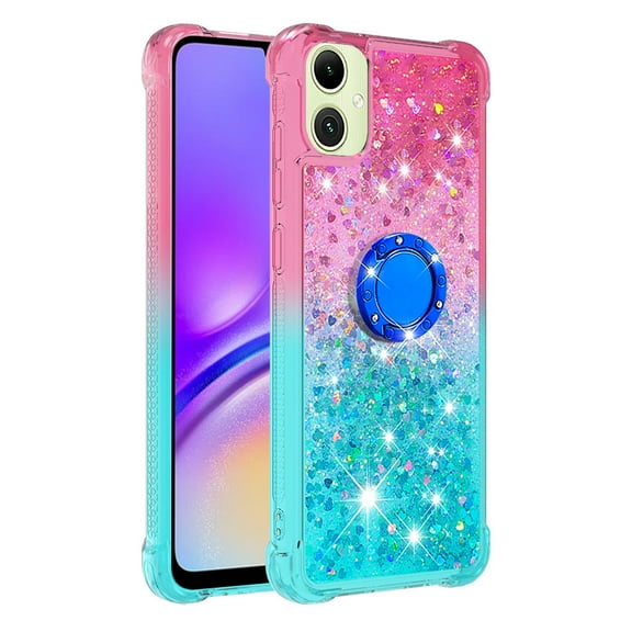 Phone Case for Samsung Galaxy A07/A06 with Ring Kickstand, Cute Glitter Bling Sparkle Quicksand Flowing Liquid Clear Gel Silicone ShockProof Phone Cover Girls-B3