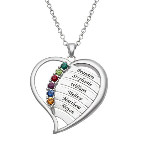 Family Jewelry Personalized Mother's Family Rhodium-Plated or Gold-Plated Birthstone and Names Heart Necklace, (Best Name For Jewelry Company)