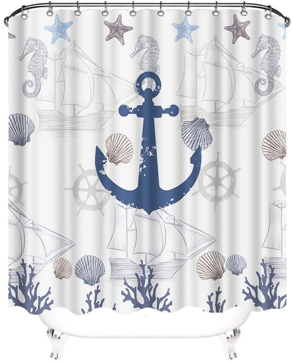 Nautical Black & White Anchor Shower Curtain Bathroom Waterproof Fabric & 12Hook 