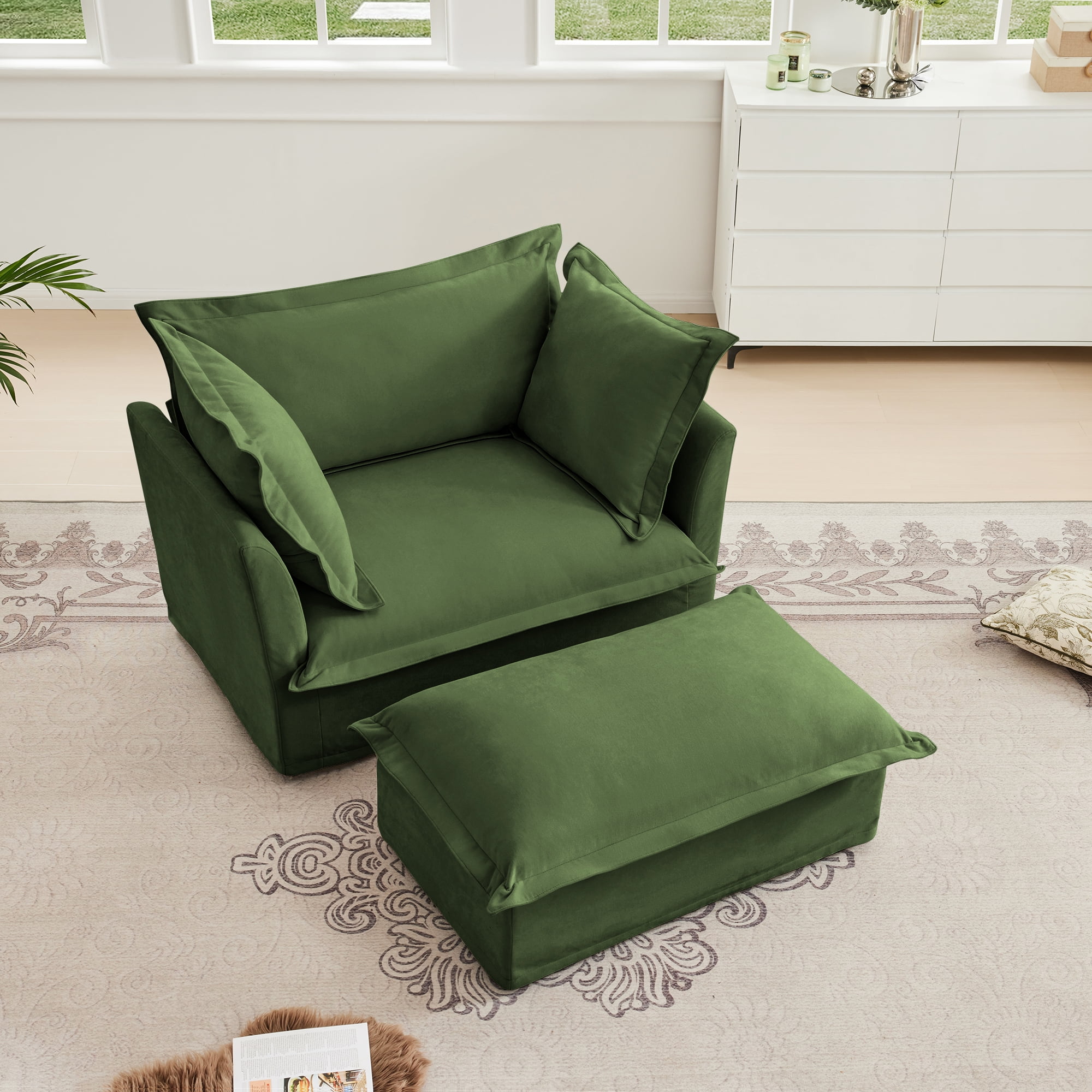 Gewnee Upholstered Slipcovered Chenille Fabric Green Armchair with Ottoman, Deep Seat Armchair W/ Wide Ottoman for Living Room