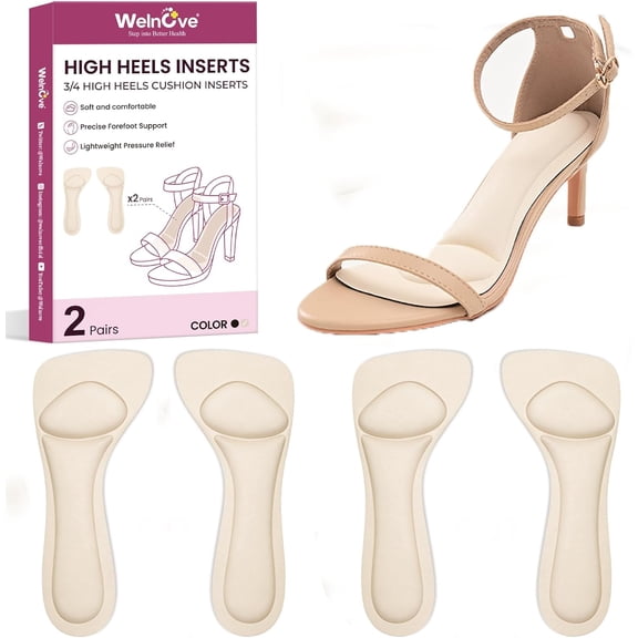 Welnove High Heel Cushion Inserts - 3/4 Length Self-Adhesive Shoe Pads with Metatarsal Pad for Sandals & Flats, Beige, M, 2 Pairs