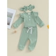 thumbnail image 4 of xiaxaixu Infant Baby Girl Fall Outfit Solid Color Ribbed Long Sleeve Romper Long Pants Bow Headband 3Pcs Set, 4 of 9