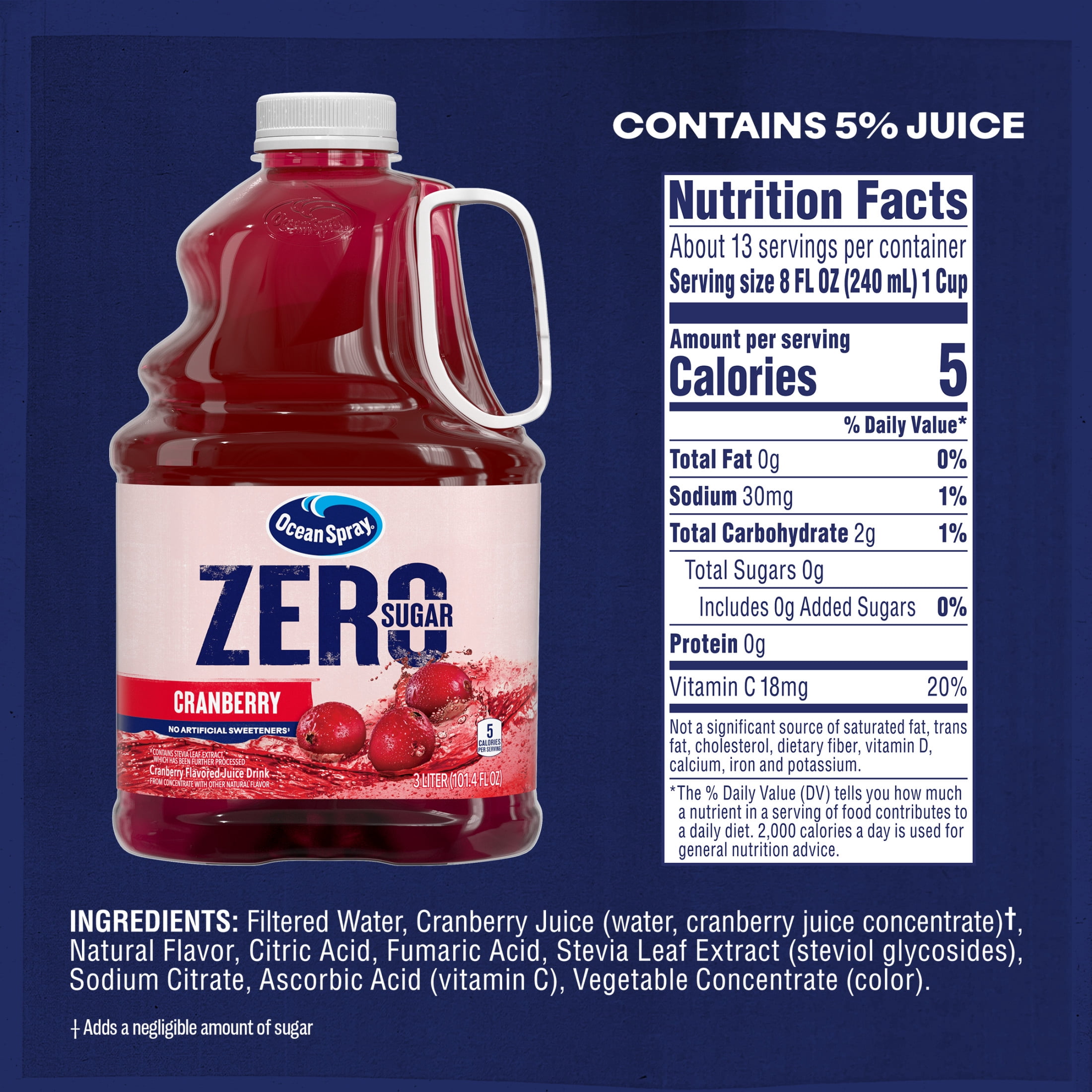 (6 pack) Ocean Spray® ZERO Sugar Cranberry Juice Drink, 3 Liter Bottle