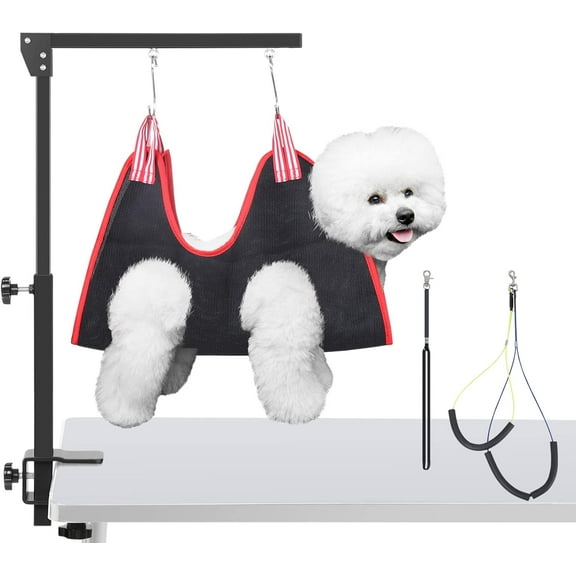 Dog Grooming Arm with Clamp, Adjustable Dog Grooming Table Arm with Two No Sit Haunch Holder & Hammock Harness, Foldable Pet Grooming Supplies for Small Medium Dogs