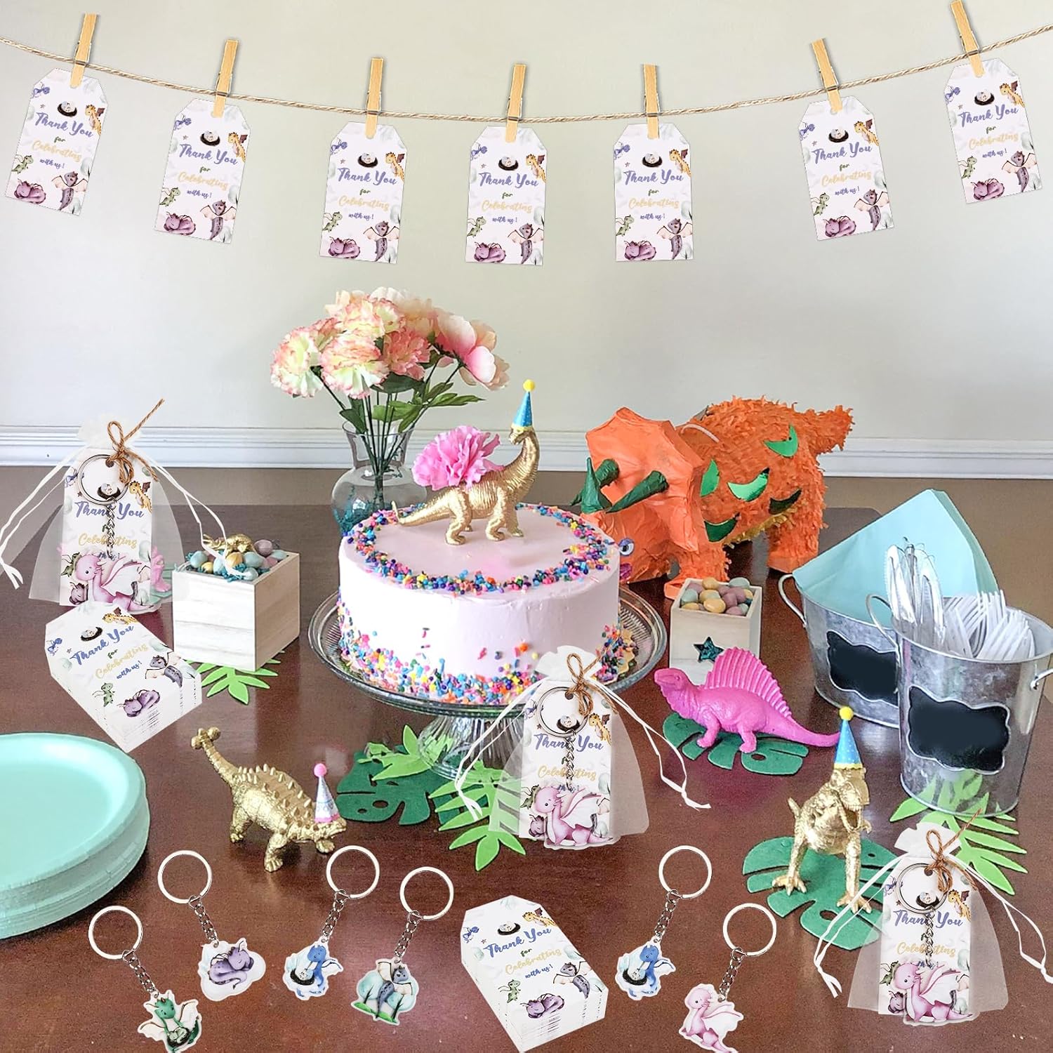 Serencatcher 72Pcs Dragon Party Favors, Dragon Baby Shower Decorations, Watercolor Dragon Thank You Tags Keychain White Organza Bags for Hatching Soon Baby Shower Birthday Party Supplies