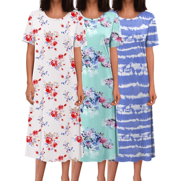 Ekouaer Nightgowns for Women 3 Pack Short Sleeve House Dress Ladies Long Nightdress Soft Ladies Nightshirt