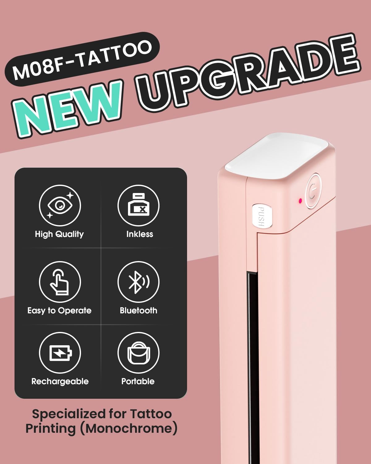 Phomemo M08F Wireless Tattoo Transfer Printer, Thermal Tattoo Machine with 10pcs Free Transfer Paper for Tattoo Artists & Beginners, Compatible with Smartphone & PC, Pink