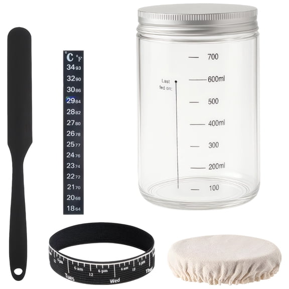 24 fl oz / 700 ml Sourdough Starter Jar Kit, 700 ml Large Wide Mouth Fermentation Jar, Scraper, Temperature and Time Tape for Bread Dough Baking