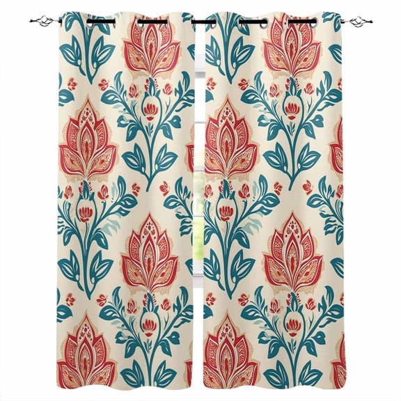 Fsddascl Teal Red Botanical Blackout Curtains for Bedroom/Living Room, Thermal Insulated Kitchen Curtains, Vintage Watercolor Flower Plant Grommet Darkening Window Treatment Drapes 42"x84"x2