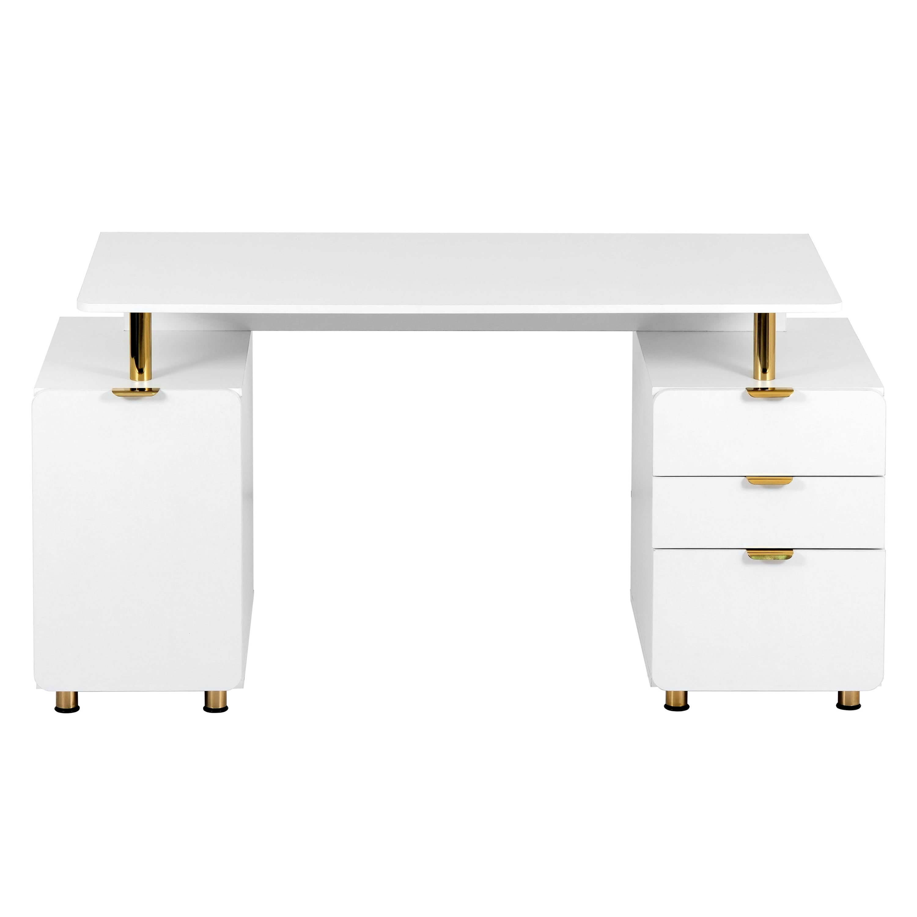 56.75" W Elegant Executive Desk with 3 Drawers and Storage Cabinet, Modern Office Desk with Gold Accents, Floating Work Surface, Closed Storage with Ventilation & Adjustable Shelf, White & Gold