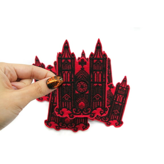 Gothic Cathedral Red and Black Embroidered Iron on Patch