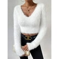 thumbnail image 6 of Female'S Fuzzy Long Sleeve V Neck Crop Sweater Casual Plain Slim Fit Warm Knitwear Sweater Pullovers White S, 6 of 7