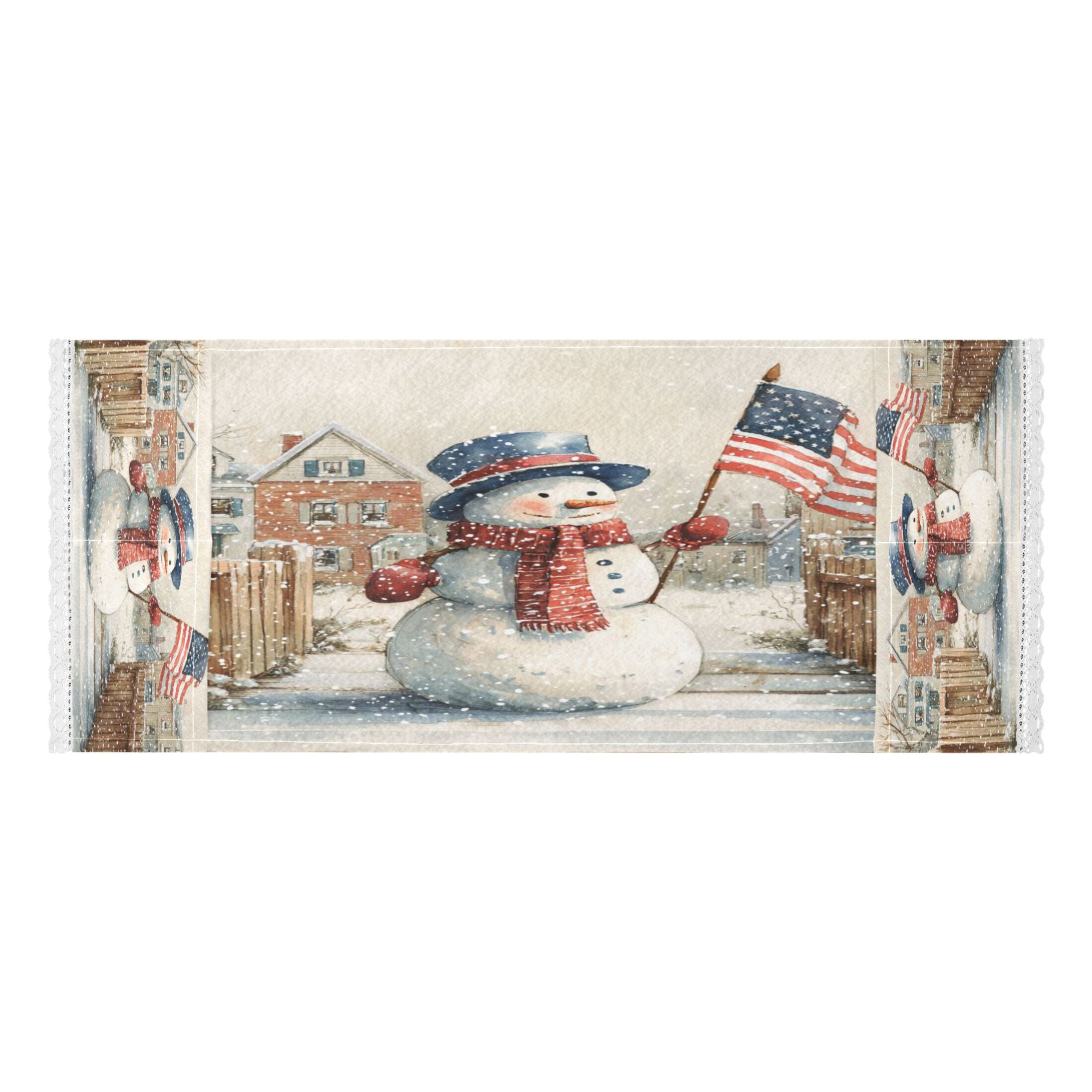 Washing Machine Cover 51.2x22in, Durable Polyester Dust Cover with Lace Trim and Side Pocket for Appliances American Flag Snowman