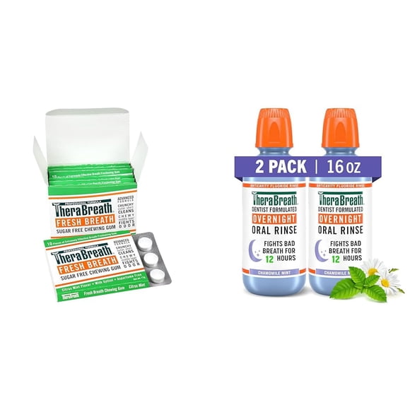 TheraBreath Chicle Zinc Citrus Mint 10 pzas y enjuague bucal 473 ml, 2 piezas