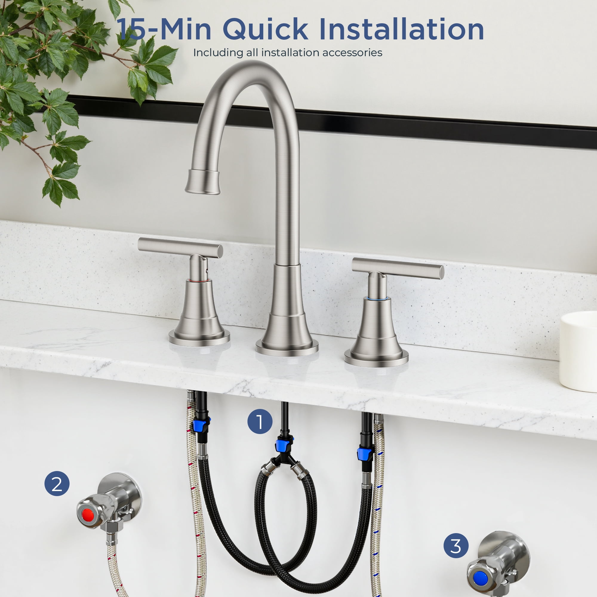 TVOFEK 8 inch Widespread Bathroom Sink Faucet 3 Hole with Pop up Drain and cUPC Hose, 2 Handle Brushed Nickel Vanity Faucet with 360° Spout for Restroom, RV, Bar