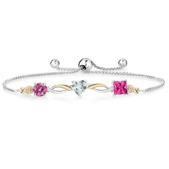 Gem Stone King 925 Silver and 10K Yellow Gold Pink Moissanite Sky Blue Aquamarine Pink Mystic Topaz and Lab Grown Diamond Tennis Bracelet for Women By Keren Hanan (2.03 cttw, Adjustable up To 9 inch)