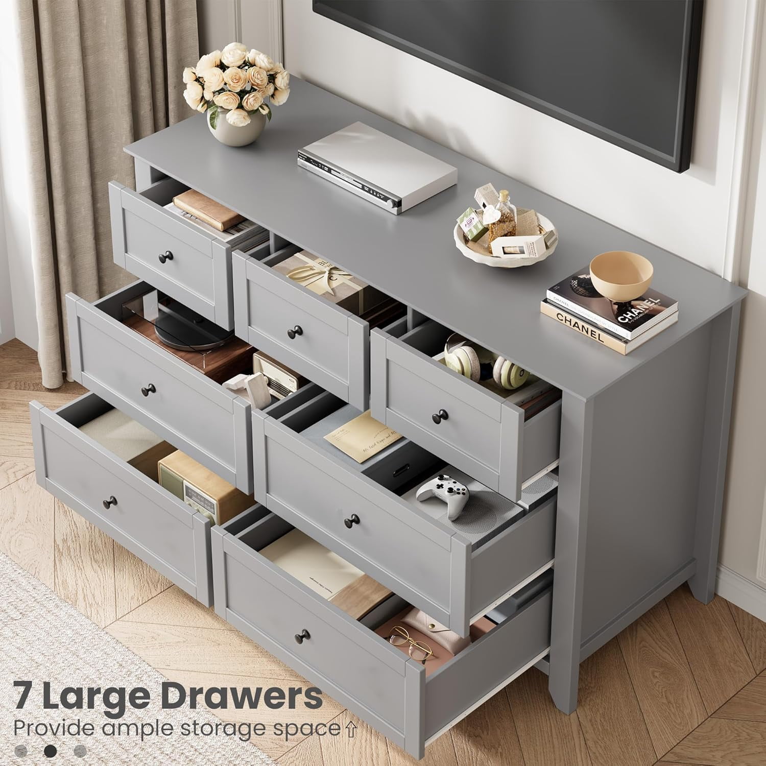 Grey 7 Drawer Dresser for Bedroom, 54" Wide Large Dresser with Deep Drawers & Metal Knobs, Modern Wooden Chests of Drawers for Entryway, Hallway