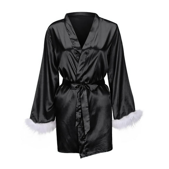 FNFYFH Womens Satin Kimono Robe Short Feather Trim Silk Robes Bridesmaid Robes Bridal Party Sleepwear