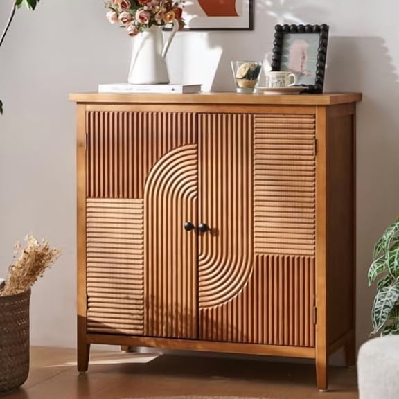 Hand Carved Boho Sideboard - Modern Geometric Accent Cabinet, Entryway Buffet with Natural Wood Finish, Storage Cabinet for Living Room, Dining Room$$Furniture