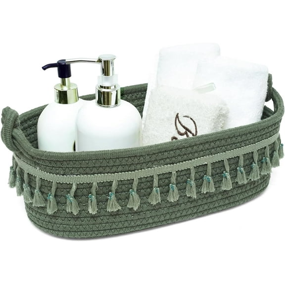 Nvzi-a Small Cotton Rope Woven Toilet Paper Baskets for Organizing Decorative Basket for Boho Decor Storage, Bedroom Nursery Livingroom Entryway 13.8*5.1*4.3inch（Green）