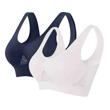 Comfy Bras for Women Wirefree 2 Pack Breathable Sports Bra Ladies Workout Mesh Brassiere Soft Comfy Wireless Bra Push up Balconette with Removable Pads Navy S