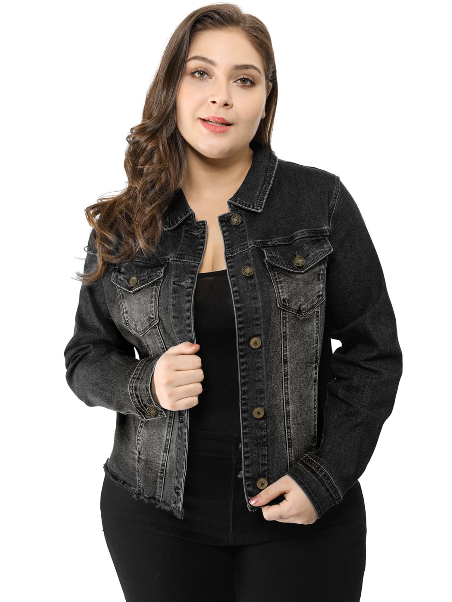 DARING DIVA Women's Plus Size Washed Front Frayed Classic Denim Jacket 6X Black