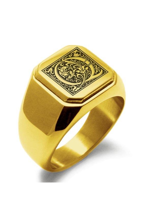 Stainless Steel Letter Q Initial Floral Box Monogram Engraved Engraved Square Flat Top Biker Style Polished Signet Ring