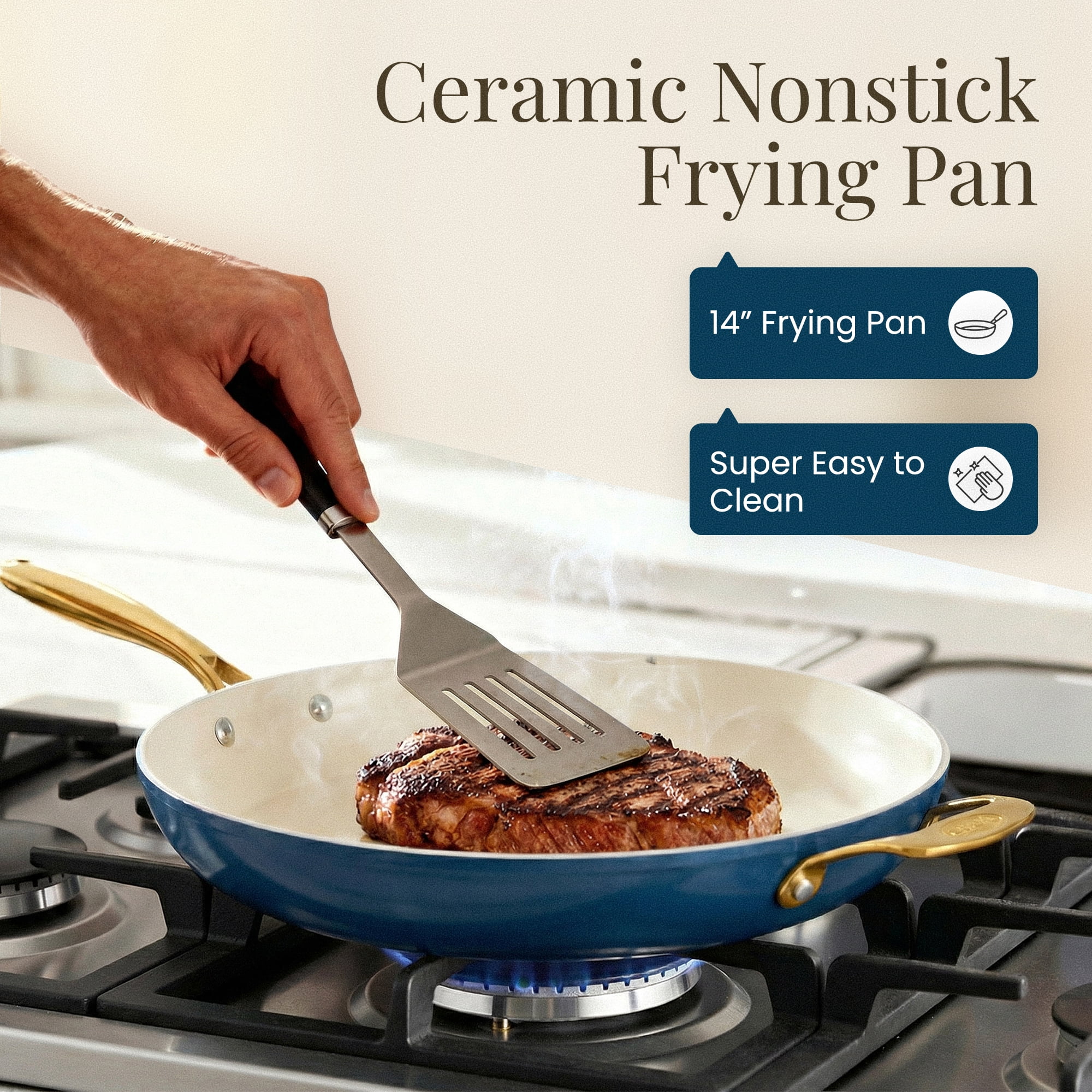 Gotham Steel 14 Inch Large Frying Pan with Lid, Ceramic Non Stick Frying Pans Skillet, Non Toxic Frying Pans Nonstick for Sauté & Cooking, Oven & Dishwasher Safe, Navy/Cream with Gold Handles