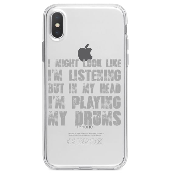 DistinctInk Clear Shockproof Hybrid Case for iPhone XR (6.1" Screen) - TPU Bumper Acrylic Back Tempered Glass Screen Protector - In My Head, I'm Playing Drums