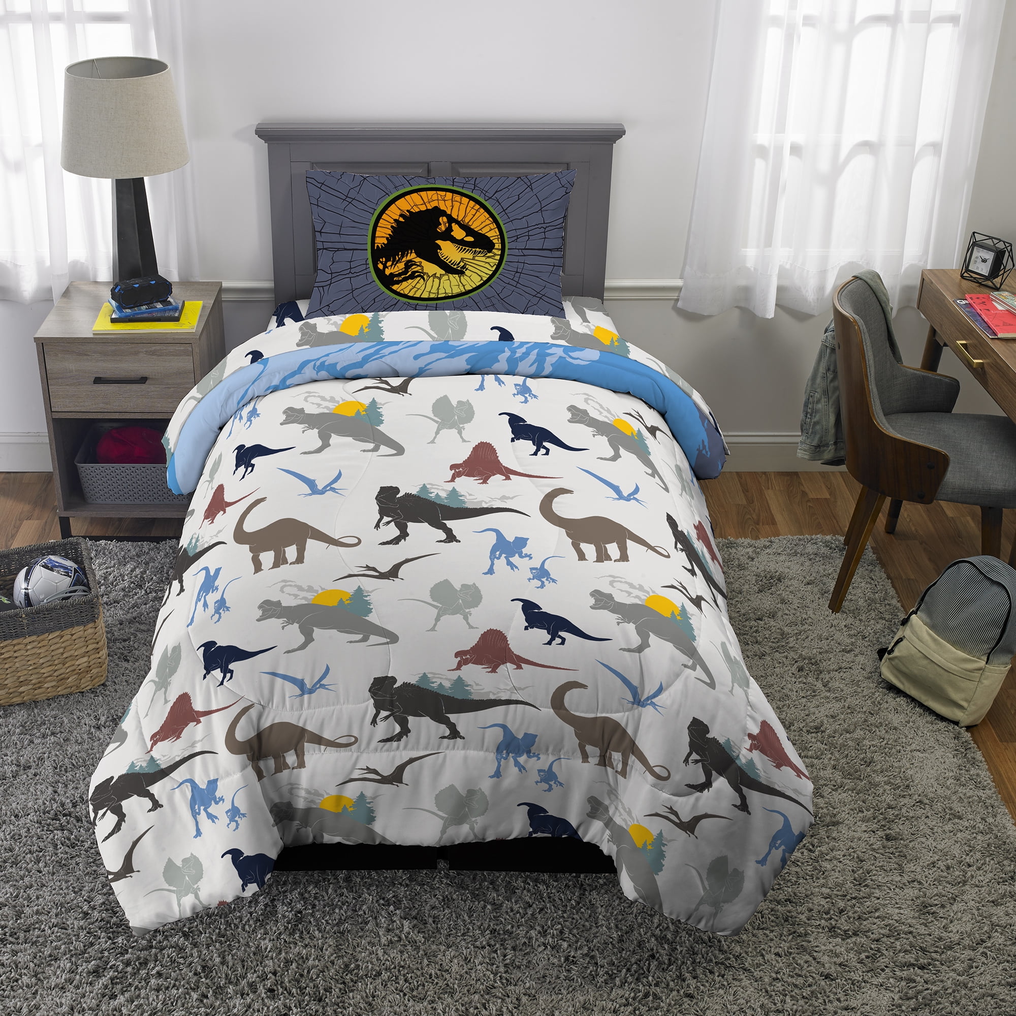 Jurassic World Kids 4 Piece Blue Gray Reversible Comforter, Bed in a Bag, Twin