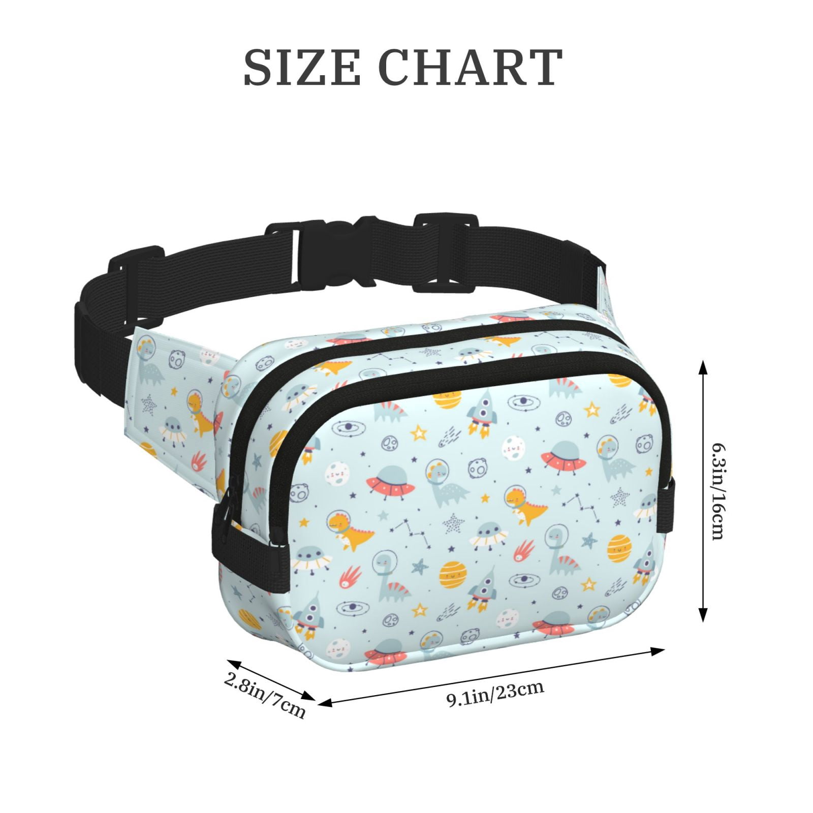 Picia Space With Dino Astronauts Print Square Double-Layer Waist Bag Mini Adjustable Waist Belt Bag Exercise Running Travel Hiking