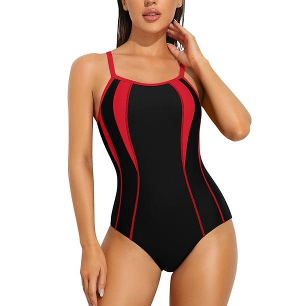 Womens Athletic One Piece Bathing Suit Splice Racerback Training Swimsuit 