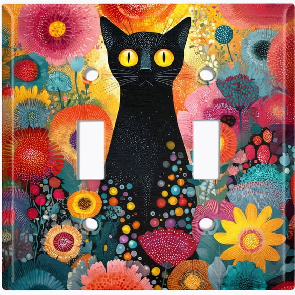 Metal Light Switch Wall Plate Outlet Cover (Black Cat with Colorful Vibrant Flowers - Double Toggle)