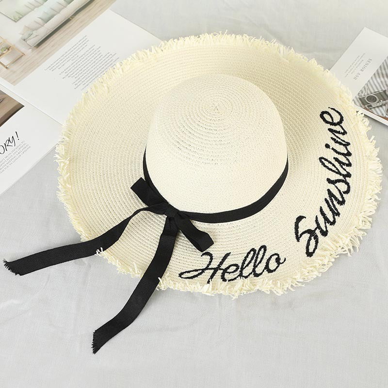 Summer Caps Handmade Weave Raffia Sun Hats For Women Black Ribbon Lace Up Large 