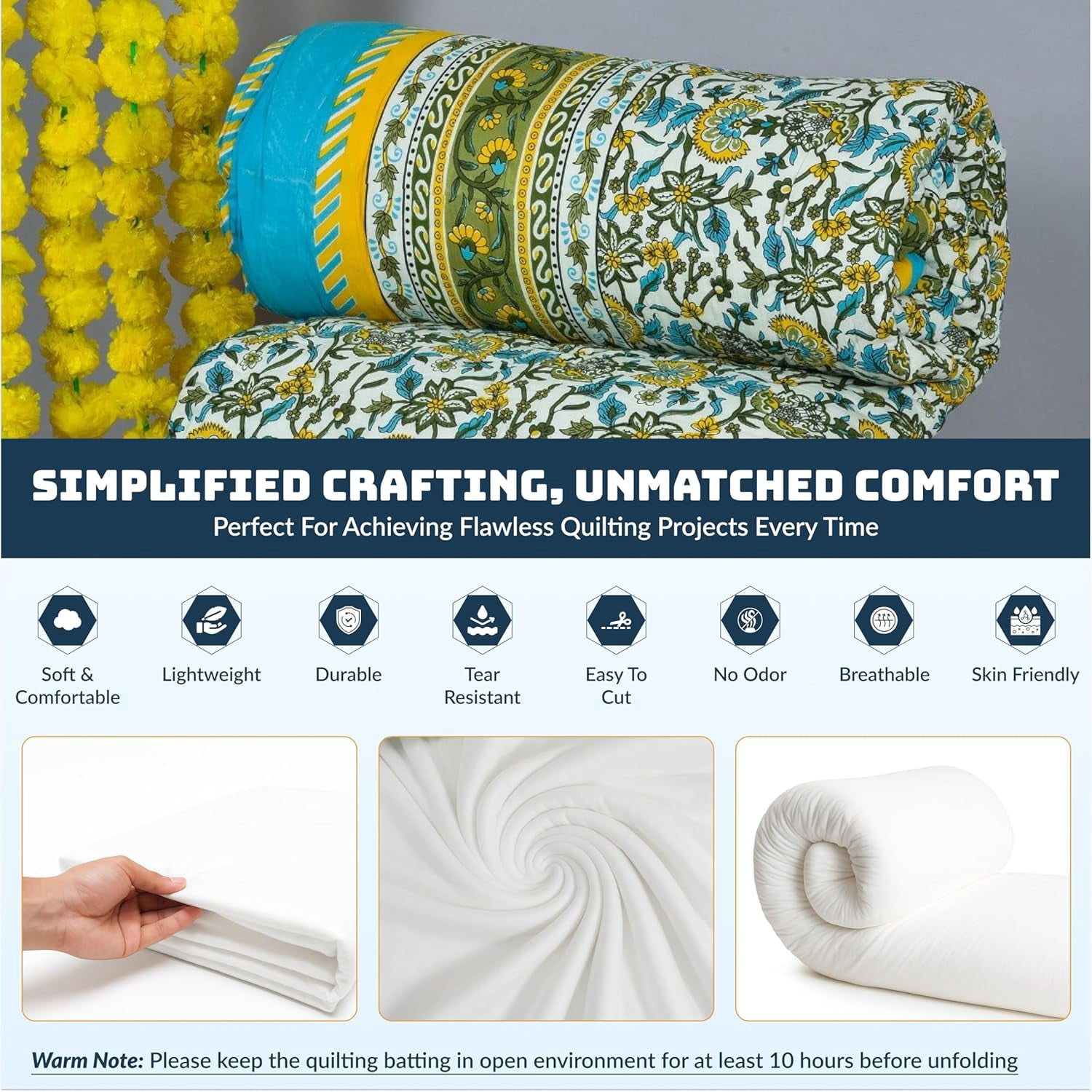 100% Cotton Batting for Crafts - 90" x 1440" - Cotton Batting for Quilting w/Scrim Layer - Cotton Fabric - Quilting Fabric for Quilt DIY Projects, Blankets, Sofa Cushions, Pillows, Crafts, etc...