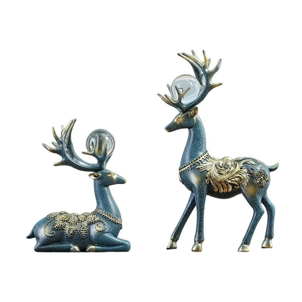 2 estatuas de pareja de ciervos, figuras de pareja de renos de pie y sentados, decorativas Azul