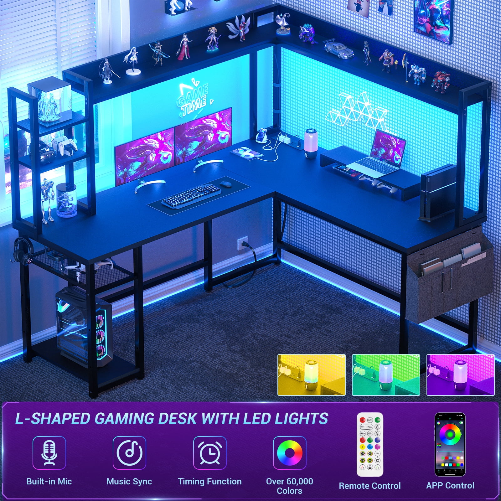 Homieasy L Shaped Desk with Power Outlet and LED lights, Reversible Corner Computer Desk with Hutch and Storage Shelf, Ergonomic L-Shaped Gaming Desk with Monitor Stand for Home Office, Black