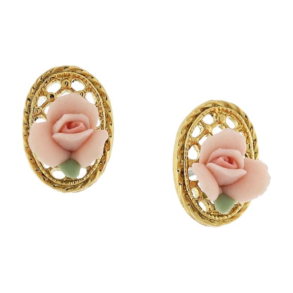 1928 Jewelry Pink Porcelain Rose Filigree Oval Button Earrings